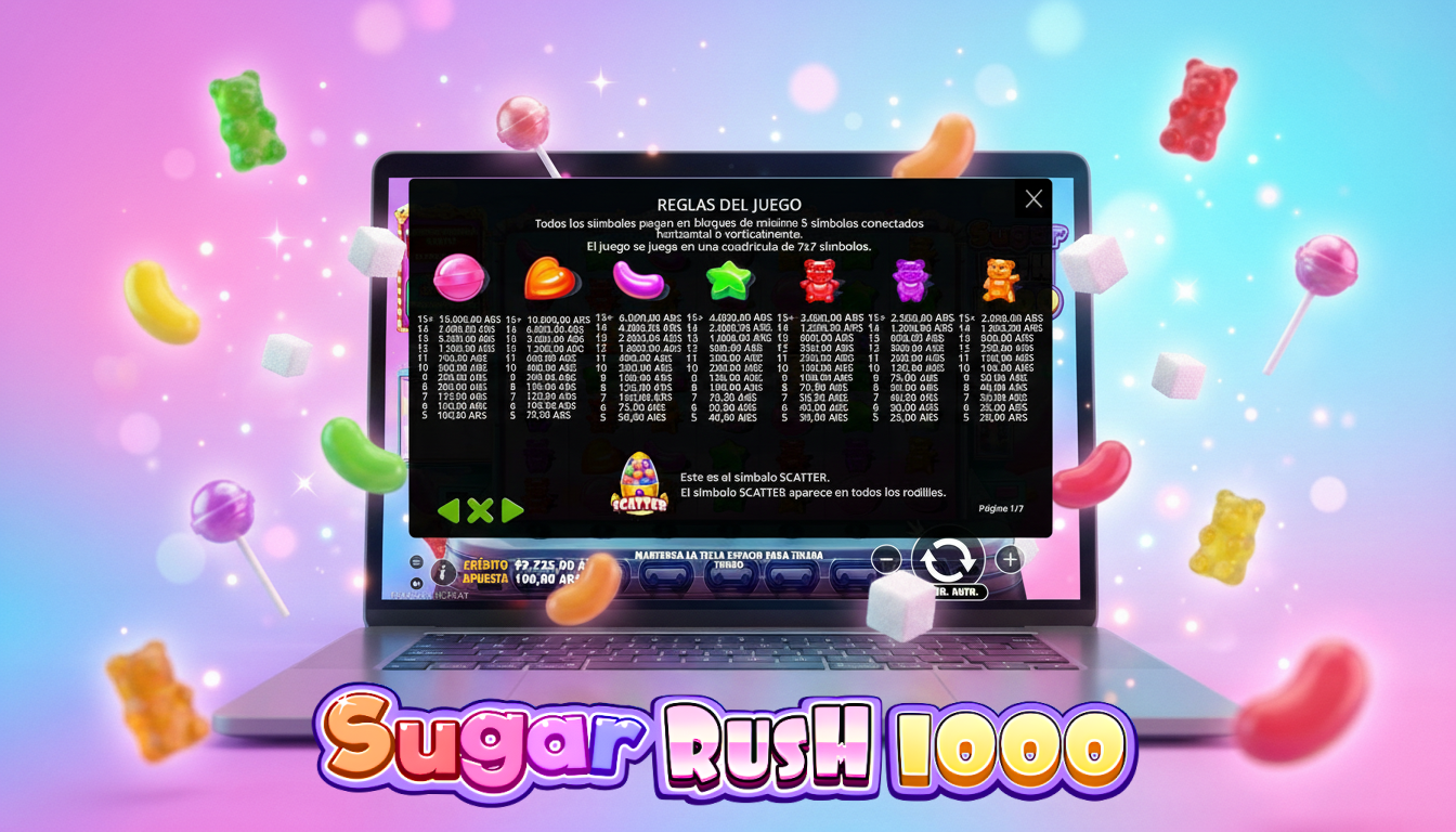 En Sugar Rush, las ganancias se obtienen con grupos de cinco o más símbolos, y los multiplicadores aumentan los pagos